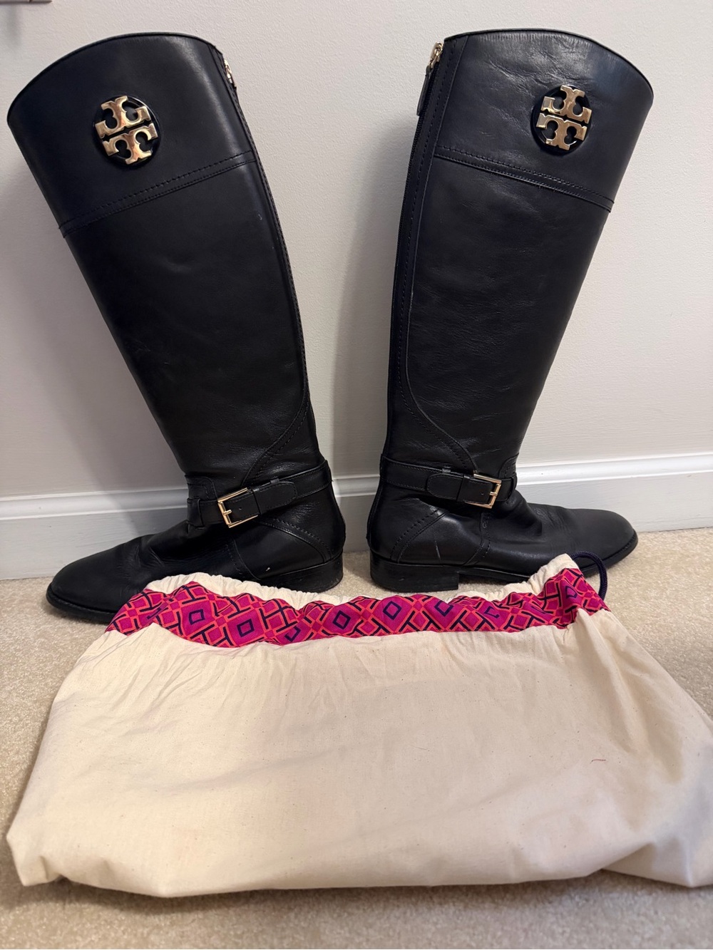 Tory Burch Black Leather Over-the-Knee Boots with Gold Logo